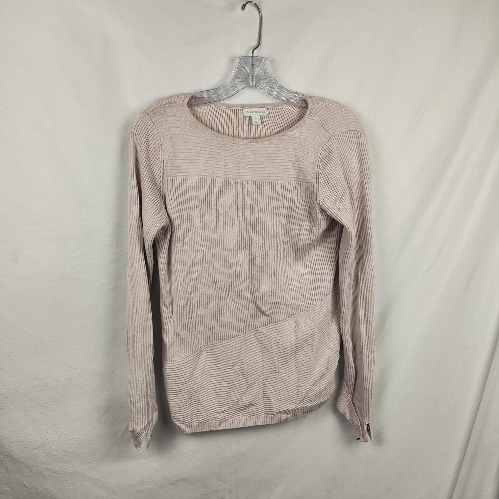 Charter Club Sweater Womens Small Pink Ribbed Crew Neck Pullover Button Cuff